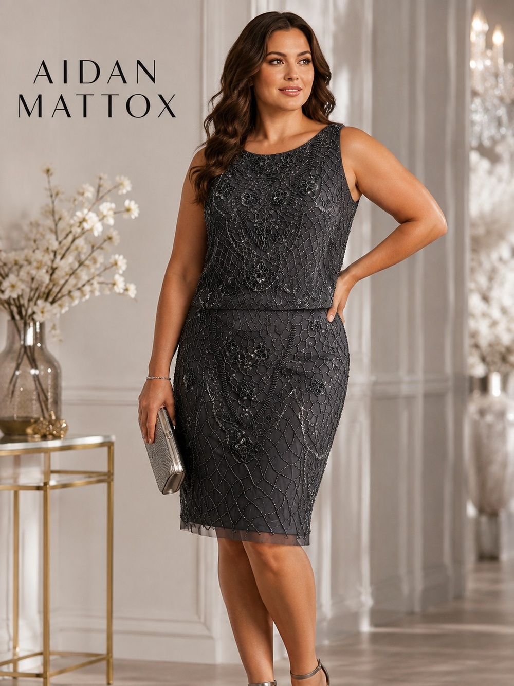 Aidan Mattox Gunmetal Beaded Sequin Sheath Cocktail Dress Floral Size 2 NWT